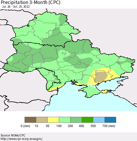 Ukraine, Moldova and Belarus Precipitation 3-Month (CPC) Thematic Map For 7/26/2022 - 10/25/2022