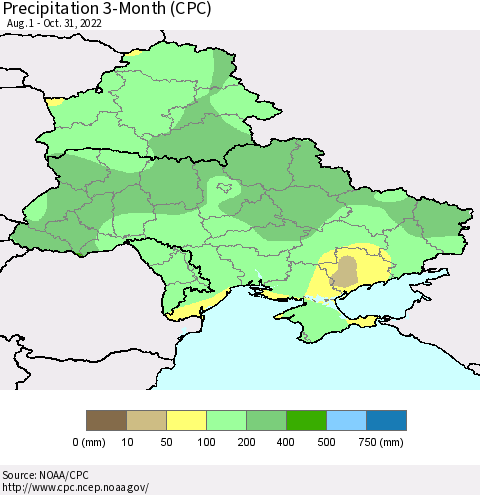 Ukraine, Moldova and Belarus Precipitation 3-Month (CPC) Thematic Map For 8/1/2022 - 10/31/2022