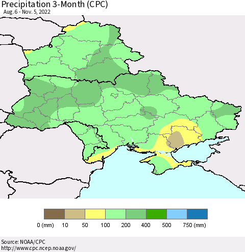 Ukraine, Moldova and Belarus Precipitation 3-Month (CPC) Thematic Map For 8/6/2022 - 11/5/2022