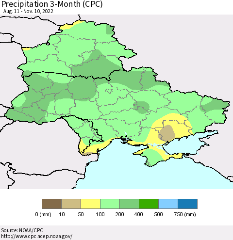 Ukraine, Moldova and Belarus Precipitation 3-Month (CPC) Thematic Map For 8/11/2022 - 11/10/2022