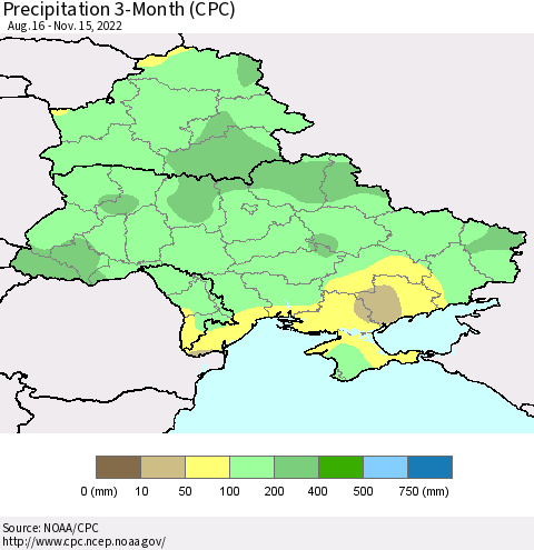 Ukraine, Moldova and Belarus Precipitation 3-Month (CPC) Thematic Map For 8/16/2022 - 11/15/2022