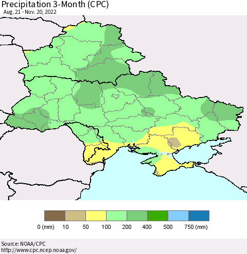 Ukraine, Moldova and Belarus Precipitation 3-Month (CPC) Thematic Map For 8/21/2022 - 11/20/2022