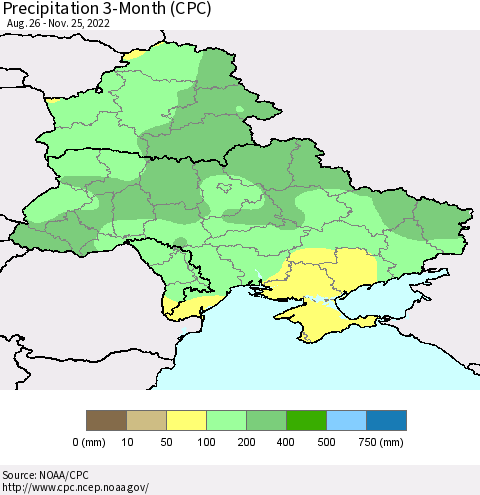 Ukraine, Moldova and Belarus Precipitation 3-Month (CPC) Thematic Map For 8/26/2022 - 11/25/2022