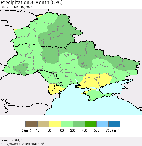Ukraine, Moldova and Belarus Precipitation 3-Month (CPC) Thematic Map For 9/11/2022 - 12/10/2022