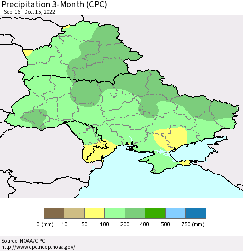 Ukraine, Moldova and Belarus Precipitation 3-Month (CPC) Thematic Map For 9/16/2022 - 12/15/2022