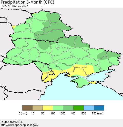 Ukraine, Moldova and Belarus Precipitation 3-Month (CPC) Thematic Map For 9/26/2022 - 12/25/2022