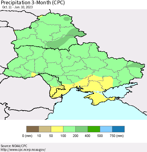 Ukraine, Moldova and Belarus Precipitation 3-Month (CPC) Thematic Map For 10/11/2022 - 1/10/2023