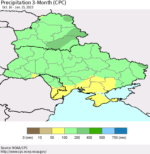 Ukraine, Moldova and Belarus Precipitation 3-Month (CPC) Thematic Map For 10/16/2022 - 1/15/2023