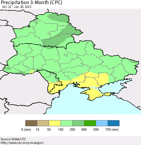 Ukraine, Moldova and Belarus Precipitation 3-Month (CPC) Thematic Map For 10/21/2022 - 1/20/2023