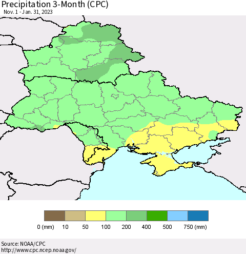 Ukraine, Moldova and Belarus Precipitation 3-Month (CPC) Thematic Map For 11/1/2022 - 1/31/2023