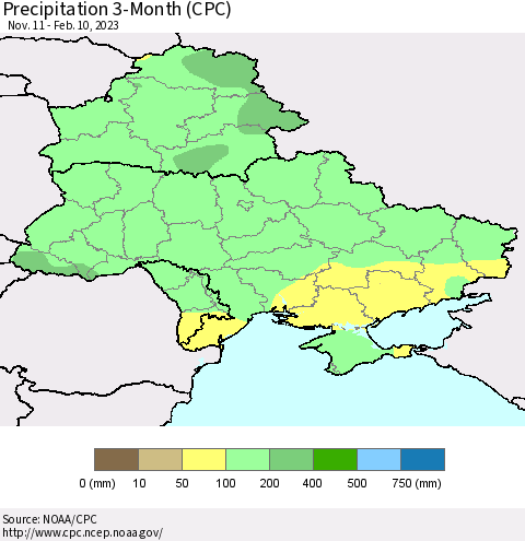 Ukraine, Moldova and Belarus Precipitation 3-Month (CPC) Thematic Map For 11/11/2022 - 2/10/2023