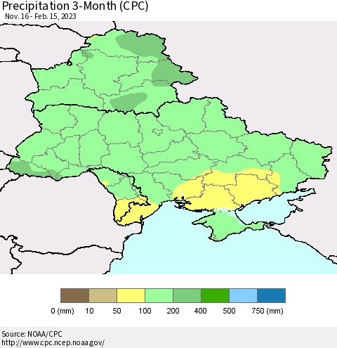 Ukraine, Moldova and Belarus Precipitation 3-Month (CPC) Thematic Map For 11/16/2022 - 2/15/2023