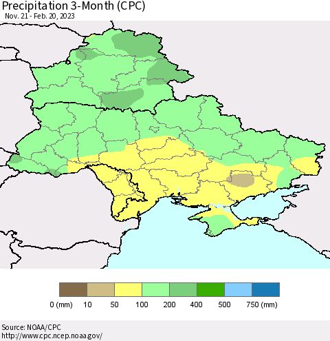 Ukraine, Moldova and Belarus Precipitation 3-Month (CPC) Thematic Map For 11/21/2022 - 2/20/2023