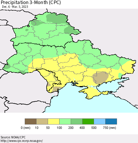 Ukraine, Moldova and Belarus Precipitation 3-Month (CPC) Thematic Map For 12/6/2022 - 3/5/2023