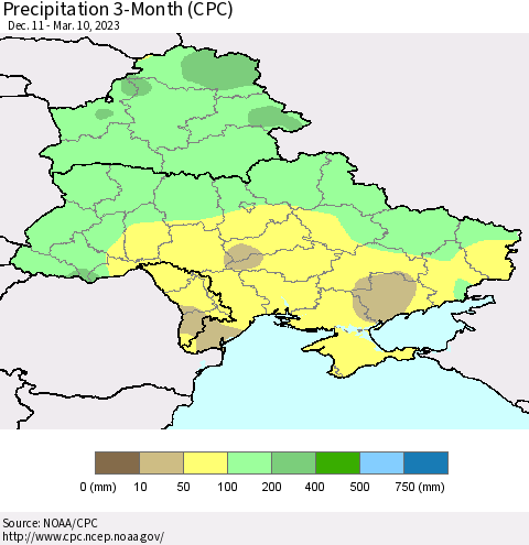 Ukraine, Moldova and Belarus Precipitation 3-Month (CPC) Thematic Map For 12/11/2022 - 3/10/2023