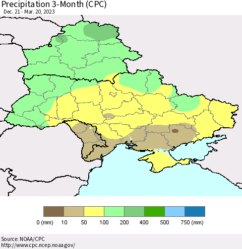 Ukraine, Moldova and Belarus Precipitation 3-Month (CPC) Thematic Map For 12/21/2022 - 3/20/2023