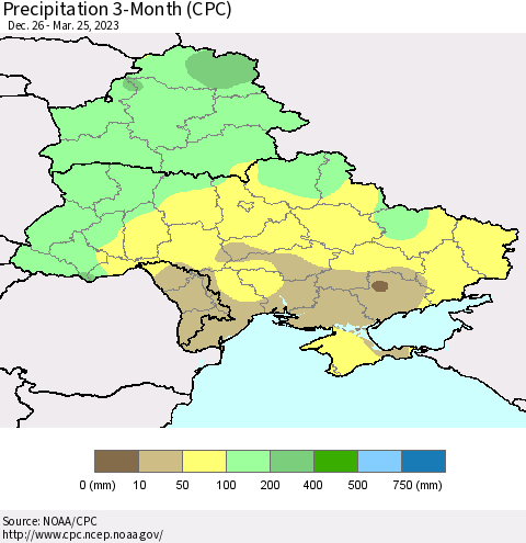 Ukraine, Moldova and Belarus Precipitation 3-Month (CPC) Thematic Map For 12/26/2022 - 3/25/2023