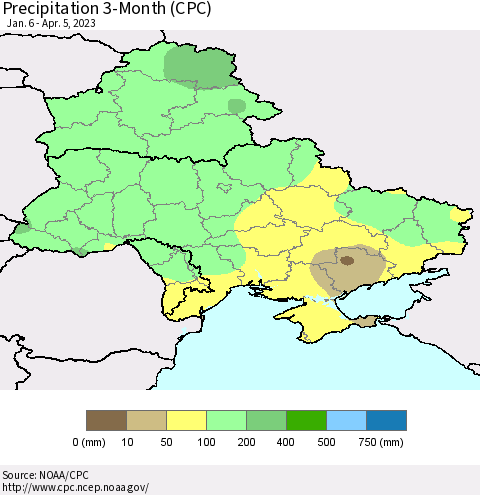 Ukraine, Moldova and Belarus Precipitation 3-Month (CPC) Thematic Map For 1/6/2023 - 4/5/2023