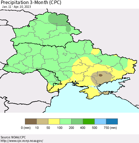 Ukraine, Moldova and Belarus Precipitation 3-Month (CPC) Thematic Map For 1/11/2023 - 4/10/2023