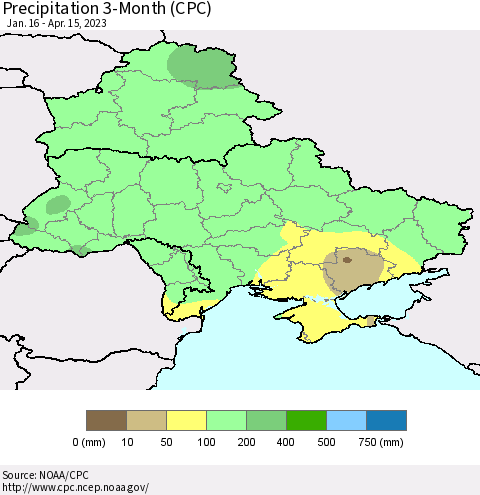 Ukraine, Moldova and Belarus Precipitation 3-Month (CPC) Thematic Map For 1/16/2023 - 4/15/2023