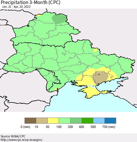 Ukraine, Moldova and Belarus Precipitation 3-Month (CPC) Thematic Map For 1/21/2023 - 4/20/2023