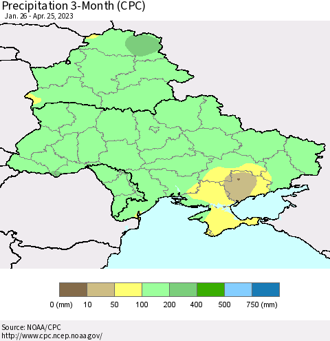 Ukraine, Moldova and Belarus Precipitation 3-Month (CPC) Thematic Map For 1/26/2023 - 4/25/2023
