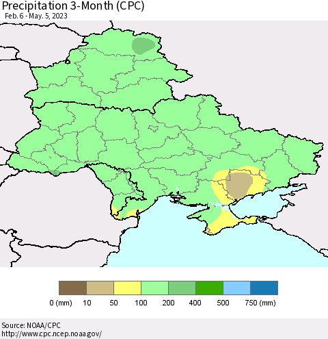 Ukraine, Moldova and Belarus Precipitation 3-Month (CPC) Thematic Map For 2/6/2023 - 5/5/2023