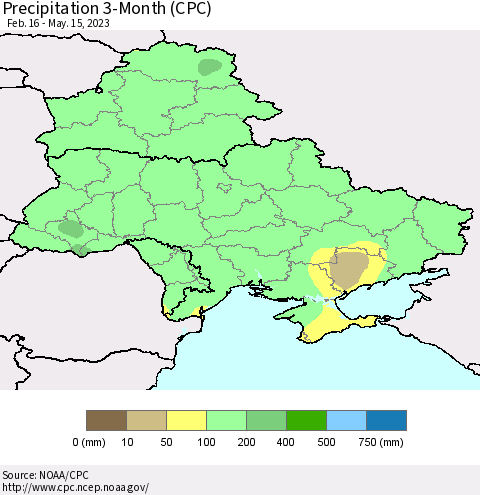 Ukraine, Moldova and Belarus Precipitation 3-Month (CPC) Thematic Map For 2/16/2023 - 5/15/2023