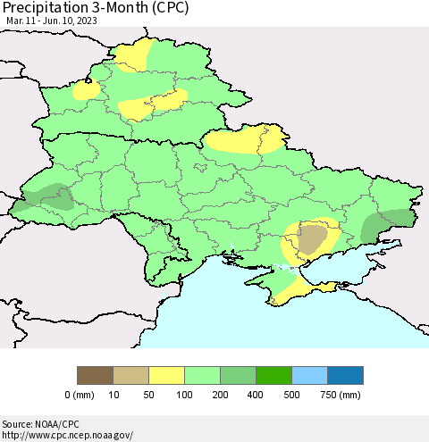 Ukraine, Moldova and Belarus Precipitation 3-Month (CPC) Thematic Map For 3/11/2023 - 6/10/2023