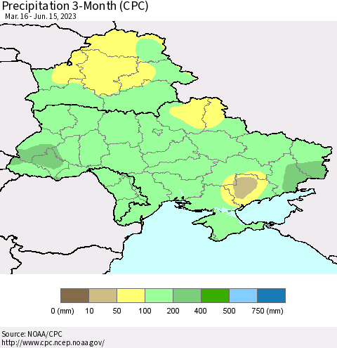 Ukraine, Moldova and Belarus Precipitation 3-Month (CPC) Thematic Map For 3/16/2023 - 6/15/2023