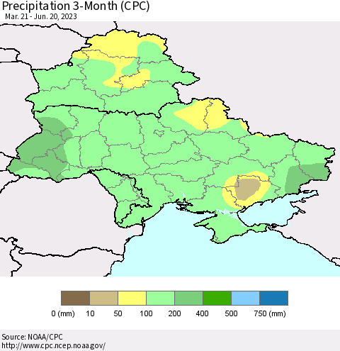 Ukraine, Moldova and Belarus Precipitation 3-Month (CPC) Thematic Map For 3/21/2023 - 6/20/2023