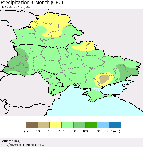 Ukraine, Moldova and Belarus Precipitation 3-Month (CPC) Thematic Map For 3/26/2023 - 6/25/2023