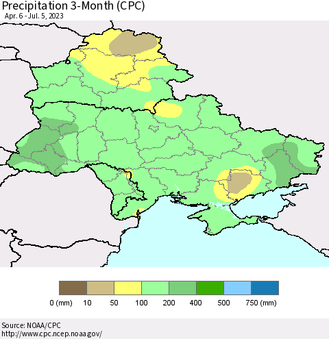 Ukraine, Moldova and Belarus Precipitation 3-Month (CPC) Thematic Map For 4/6/2023 - 7/5/2023