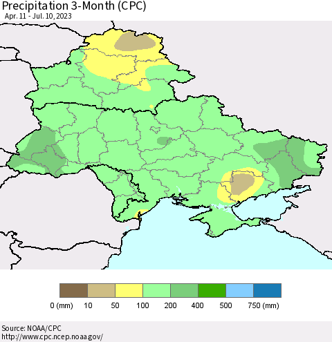 Ukraine, Moldova and Belarus Precipitation 3-Month (CPC) Thematic Map For 4/11/2023 - 7/10/2023