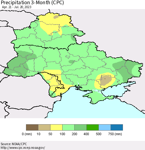 Ukraine, Moldova and Belarus Precipitation 3-Month (CPC) Thematic Map For 4/21/2023 - 7/20/2023