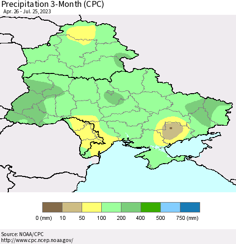Ukraine, Moldova and Belarus Precipitation 3-Month (CPC) Thematic Map For 4/26/2023 - 7/25/2023