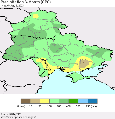 Ukraine, Moldova and Belarus Precipitation 3-Month (CPC) Thematic Map For 5/6/2023 - 8/5/2023