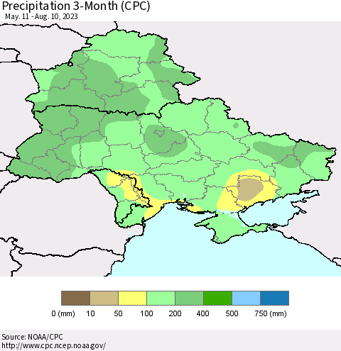 Ukraine, Moldova and Belarus Precipitation 3-Month (CPC) Thematic Map For 5/11/2023 - 8/10/2023