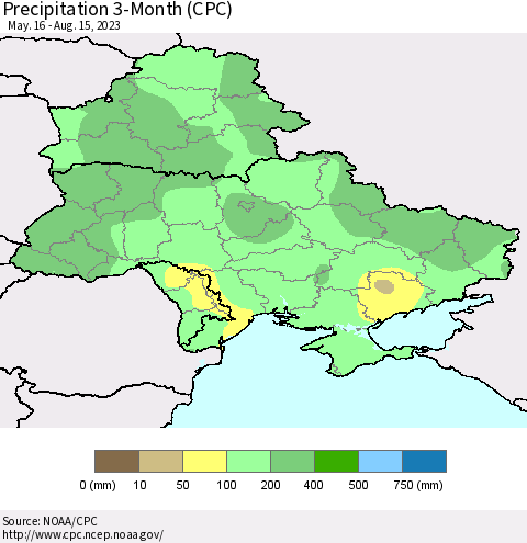 Ukraine, Moldova and Belarus Precipitation 3-Month (CPC) Thematic Map For 5/16/2023 - 8/15/2023