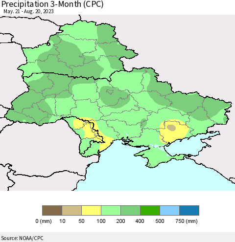 Ukraine, Moldova and Belarus Precipitation 3-Month (CPC) Thematic Map For 5/21/2023 - 8/20/2023