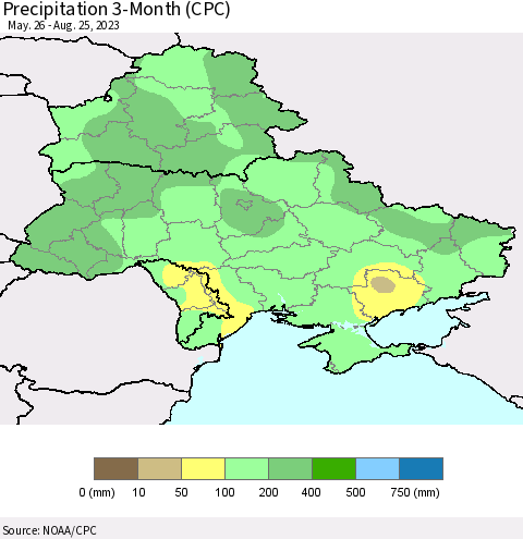 Ukraine, Moldova and Belarus Precipitation 3-Month (CPC) Thematic Map For 5/26/2023 - 8/25/2023