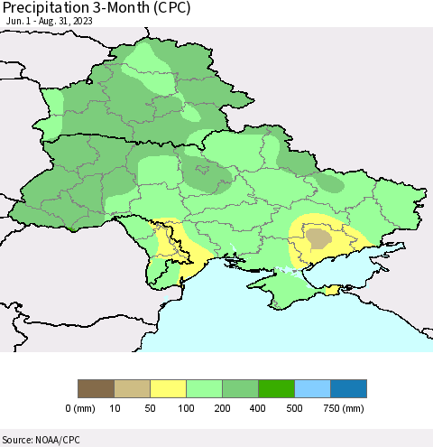 Ukraine, Moldova and Belarus Precipitation 3-Month (CPC) Thematic Map For 6/1/2023 - 8/31/2023