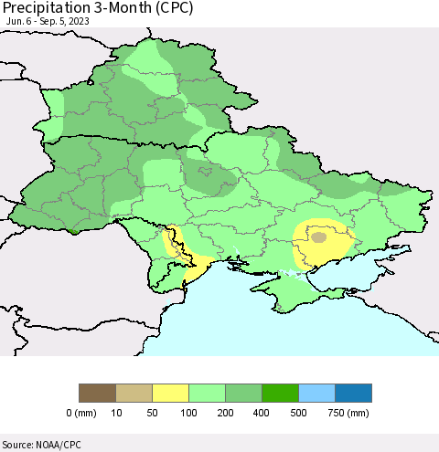 Ukraine, Moldova and Belarus Precipitation 3-Month (CPC) Thematic Map For 6/6/2023 - 9/5/2023