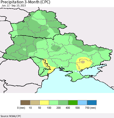 Ukraine, Moldova and Belarus Precipitation 3-Month (CPC) Thematic Map For 6/11/2023 - 9/10/2023