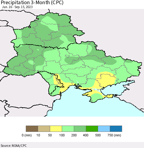 Ukraine, Moldova and Belarus Precipitation 3-Month (CPC) Thematic Map For 6/16/2023 - 9/15/2023