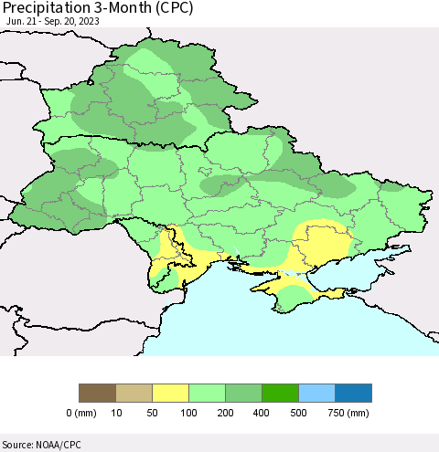 Ukraine, Moldova and Belarus Precipitation 3-Month (CPC) Thematic Map For 6/21/2023 - 9/20/2023