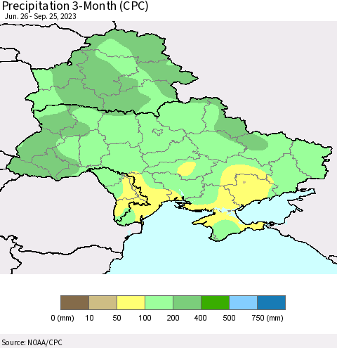 Ukraine, Moldova and Belarus Precipitation 3-Month (CPC) Thematic Map For 6/26/2023 - 9/25/2023