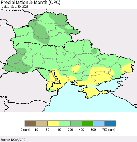 Ukraine, Moldova and Belarus Precipitation 3-Month (CPC) Thematic Map For 7/1/2023 - 9/30/2023