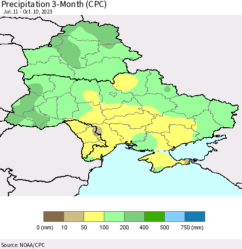 Ukraine, Moldova and Belarus Precipitation 3-Month (CPC) Thematic Map For 7/11/2023 - 10/10/2023