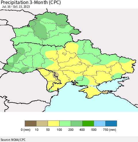 Ukraine, Moldova and Belarus Precipitation 3-Month (CPC) Thematic Map For 7/16/2023 - 10/15/2023